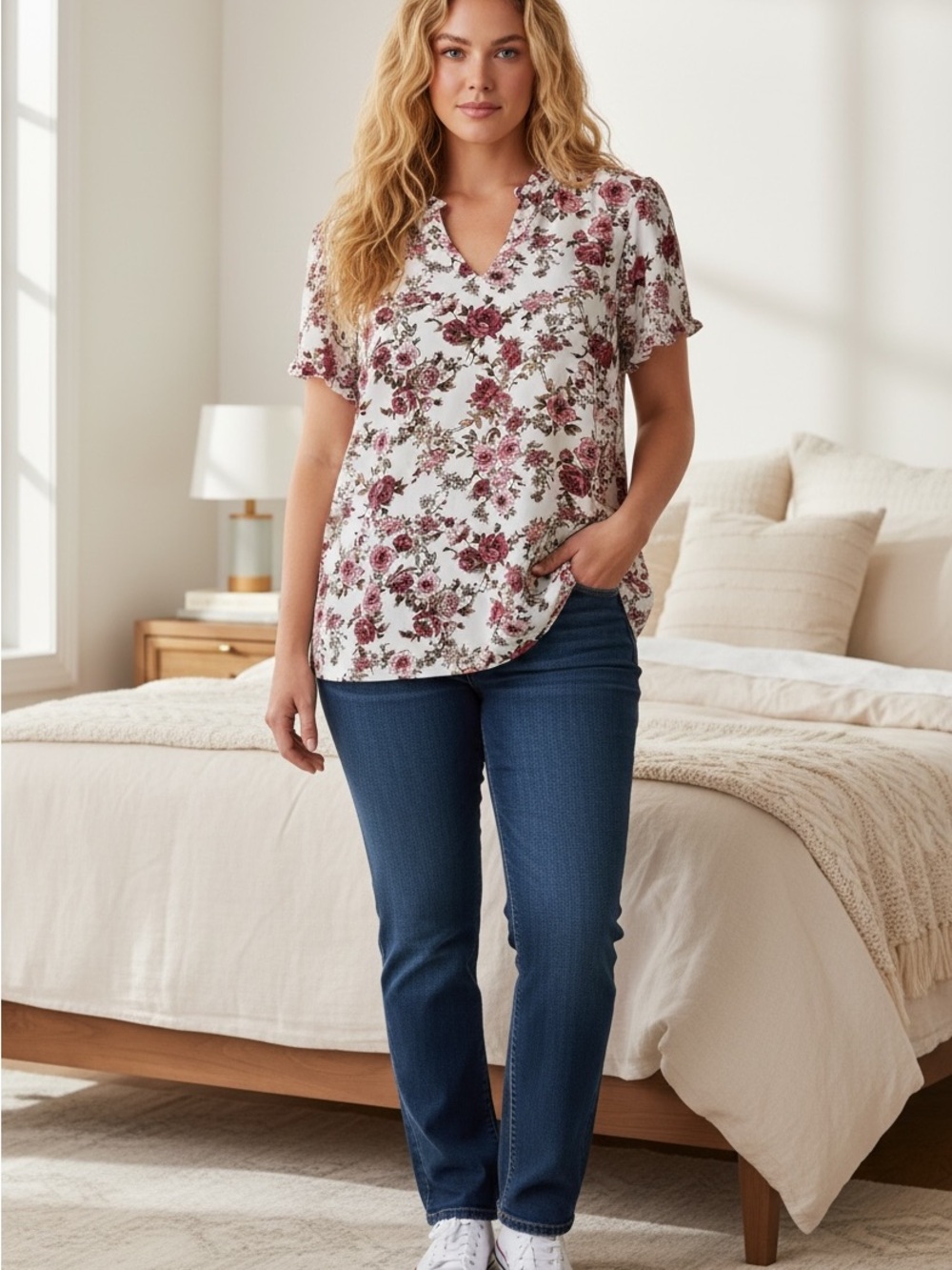 41 Hawthorn White Floral V-Neck Blouse with Pink and Green Accents